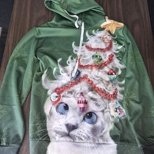 Funny Ugly Christmas Sweater Sweatshirt Cat Christmas Tree Hoodie Size Adult S/M